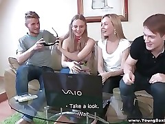 These eager teen cuties don't beware having some lesbian fun in front of their boyfriends who halt it all on camera and count up the action to turn it into a real sex party. Two hard cocks make these bitches moan of wonder and they end up dropping down on their knees and interesting messy cumshots together. Now that's how you make your own home porn video!